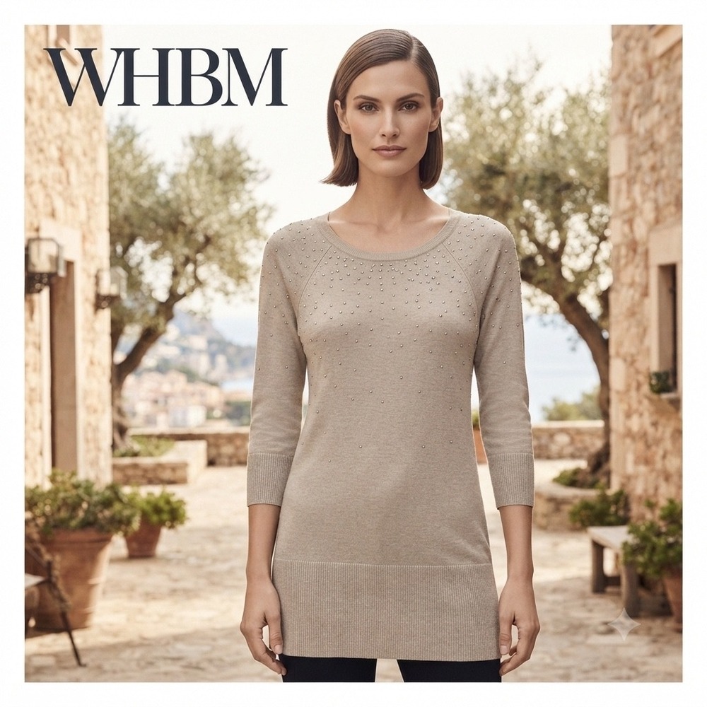 White House Black Market NWT Biscotti Studded Sweater 3/4 Sleeve 570270706 S